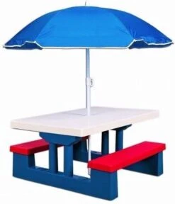 Merkloos Kinder Picknicktafel Met Parasol - Blauw -Buitenkampeeruitrusting 1030x1200 1