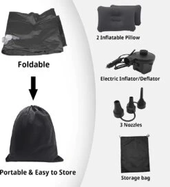 Opblaasbaar Matras Voor In De Auto, Opblaasbaar Bed, Opvouwbaar, Comfortabele Autostoel, Automatras Met Elektrische Luchtpomp En 3 Adapters, 2 Kussens En Draagtas, Voor Camping, Reizen (zwart) -Buitenkampeeruitrusting 1093x1200