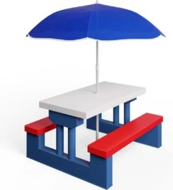 Merkloos Kinder Picknicktafel Met Parasol - Blauw -Buitenkampeeruitrusting 1097x1200 2