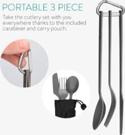 Navaris Campingbestek Van Titanium - Set Met Vork, Mes En Lepel - Bestekset Voor Onderweg En Op Reis - Inclusief Karabijnhaak En Bewaarzakje -Buitenkampeeruitrusting 1113x1200 3
