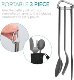 Navaris Campingbestek Van Titanium - Set Met Vork, Mes En Lepel - Bestekset Voor Onderweg En Op Reis - Inclusief Karabijnhaak En Bewaarzakje -Buitenkampeeruitrusting 1115x1200 1