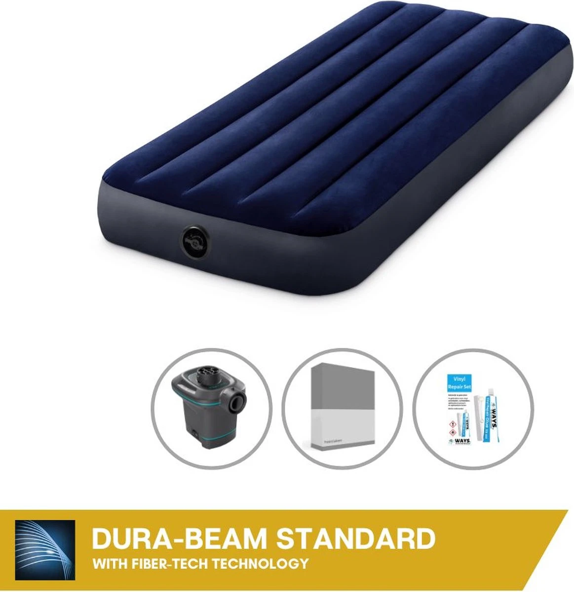 Intex Luchtbedset Intex Luchtbed - 1-Persoons - 76 X 191 X 25 Cm - Blauw + Intex Elektrische Pomp - 650 Liter/min + Hoeslaken Antraciet + Reparatieset 3 Intex Luchtbedset Intex Luchtbed - 1-Persoons - 76 X 191 X 25 Cm - Blauw + Intex Elektrische Pomp - 650 Liter/min + Hoeslaken Antraciet + Reparatieset