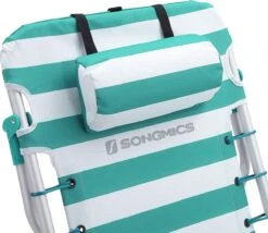 Strandstoel Met Afneembare Hoofdsteun, Draagbare Klapstoel, Campingstoel, Rugleuning Tot 180° Verstelbaar, Met Bekerhouder En Zijvak, Groene En Witte Strepen GCB62JW -Buitenkampeeruitrusting 1200x1038 1