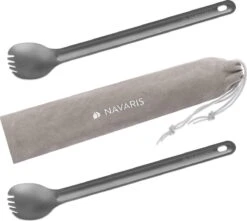 Navaris 2x Spork Met Extra Lange Handgreep - Set Van 2 - Campingbestek Van Titanium - Bestek Voor Onderweg - Lichtgewicht - Inclusief Bewaarzakje