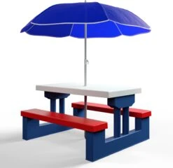 Merkloos Kinder Picknicktafel Met Parasol - Blauw -Buitenkampeeruitrusting 1200x1167