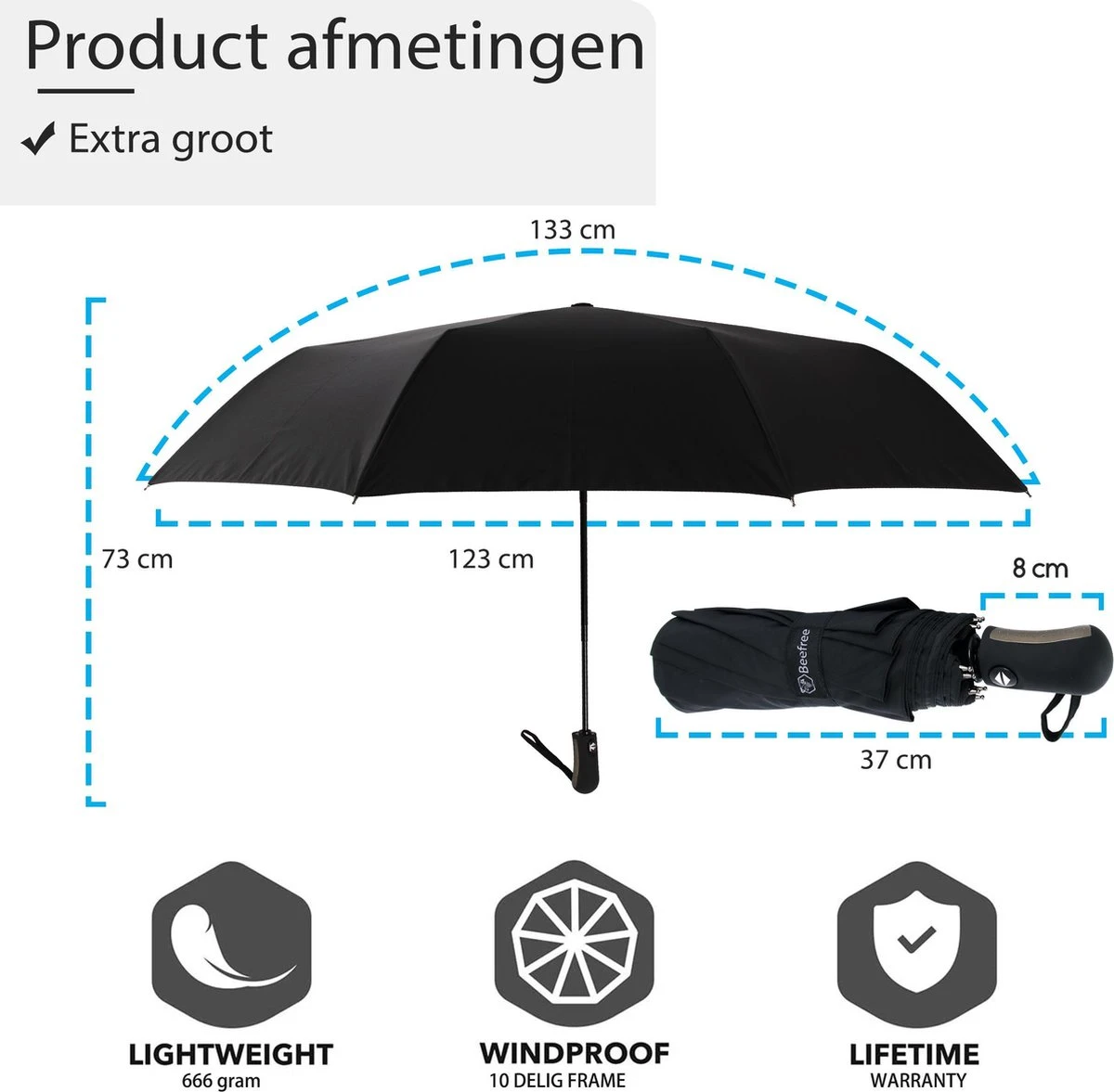 Beefree - Automatische King-size Stormparaplu Ø 123 Cm - Zwart 5 Beefree - Automatische King-size Stormparaplu Ø 123 Cm - Zwart - Afbeelding 3