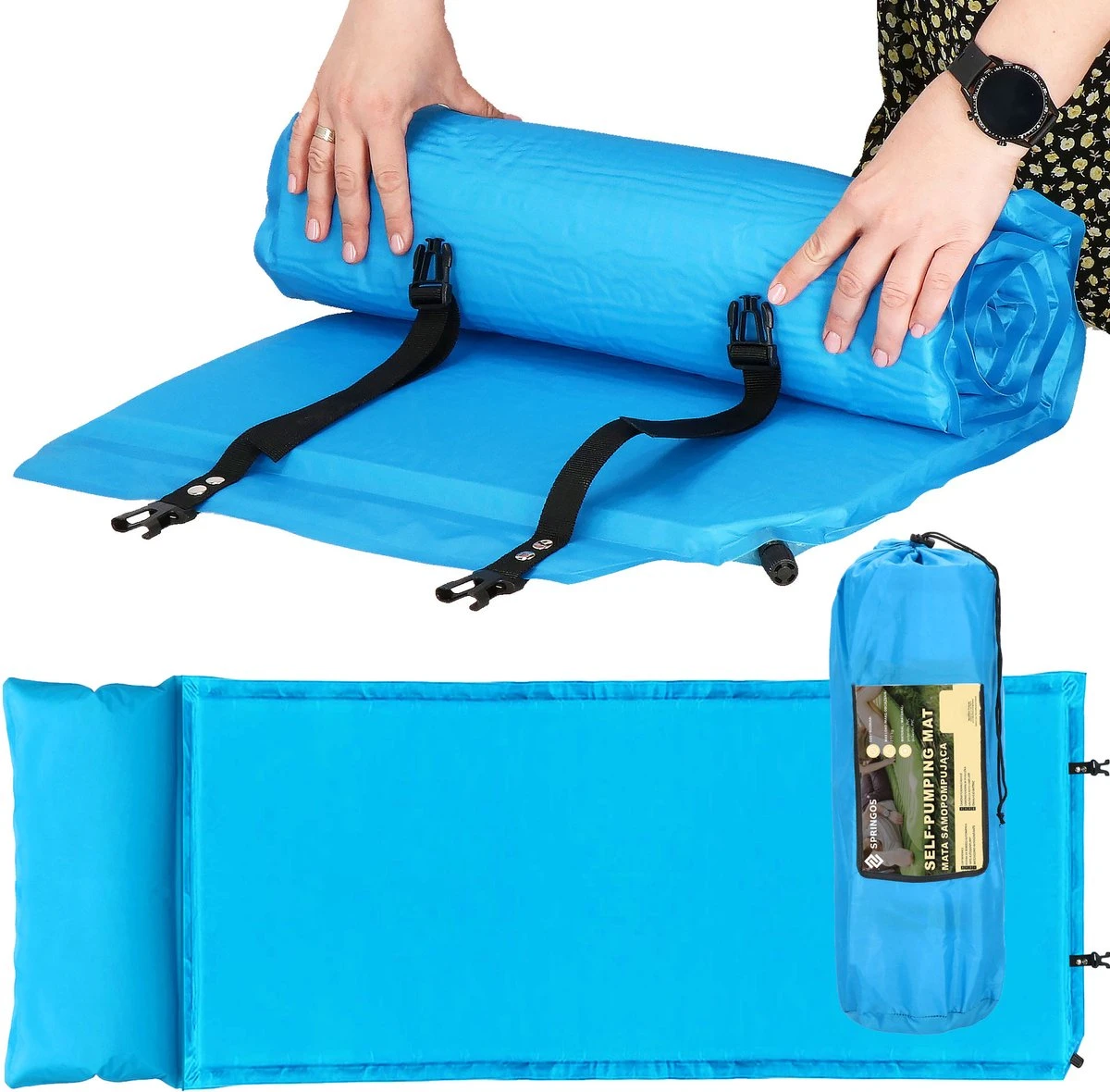 Springos Slaapmat | Zelfopblazend | 186 Cm | Inclusief Hoes & Hoofdkussen | Lichtblauw 21 Springos Slaapmat | Zelfopblazend | 186 Cm | Inclusief Hoes & Hoofdkussen | Lichtblauw - Afbeelding 19