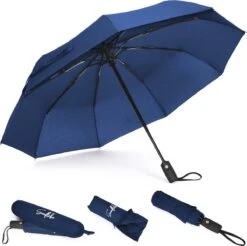 Sunflake Stormparaplu Opvouwbaar - Stormbestendig Tot 140km/u - Automatisch Uitklapbaar - Incl. Beschermhoes En Reisetui - Blauw