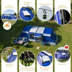Skandika Montana 8 Sleeper Tent – Tunneltent – 8 Persoons Familietent - Campingtent – Sleeper Technology (2 Tot 4 Extra Donkere Slaapcabines) – Ingenaaide Tentvloer - Muggengaas – 700 X 310 X 200 Cm (LxBxH) – 5000mm Waterkolom – Kamperen – Blauw/wit -Buitenkampeeruitrusting 1200x1199 1