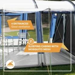 Skandika Montana 8 Tent – Tunneltenten – 8 Persoons Tent – Campingtent – 200 Cm Stahoogte – 2-4 Slaapcabines - Muggengaas – Familietent – 4 Ingangen – 700 X 310 X 200 Cm (L X B X H) - 5000 Mm Waterkolom – Outdoor, Camping – Kamperen – Blauw -Buitenkampeeruitrusting 1200x1200 115