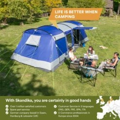 Skandika Montana 8 Tent – Tunneltenten – 8 Persoons Tent – Campingtent – 200 Cm Stahoogte – 2-4 Slaapcabines - Muggengaas – Familietent – 4 Ingangen – 700 X 310 X 200 Cm (L X B X H) - 5000 Mm Waterkolom – Outdoor, Camping – Kamperen – Blauw -Buitenkampeeruitrusting 1200x1200 116