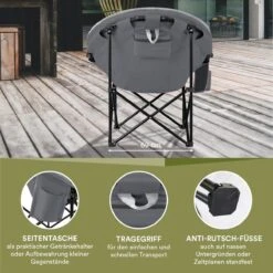Skandika Moonchair Sirkka – Campingstoelen – Klapstoel – Vouwstoel – Kampeerstoel - Grote, Comfortabele, Campingstoel Opvouwbaar, Gepolsterd, Koelvak, Drinkhouder, Draaggreep En Draagtas, Antislipvoetjes - Max. 150 Kg – Zwart/grijs -Buitenkampeeruitrusting 1200x1200 219