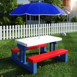 Merkloos Kinder Picknicktafel Met Parasol - Blauw -Buitenkampeeruitrusting 1200x1200 386