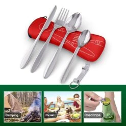 Roestvrij Staal Bestek (kampeerset) – Draagbare Reislepels, -vork En -mes Voor Festivals, Camping Of Trektochten - Wordt Geleverd Met Een Neopreen Draagtasje Met Een Lichtgewicht Flesopener -Buitenkampeeruitrusting 1200x1200 543