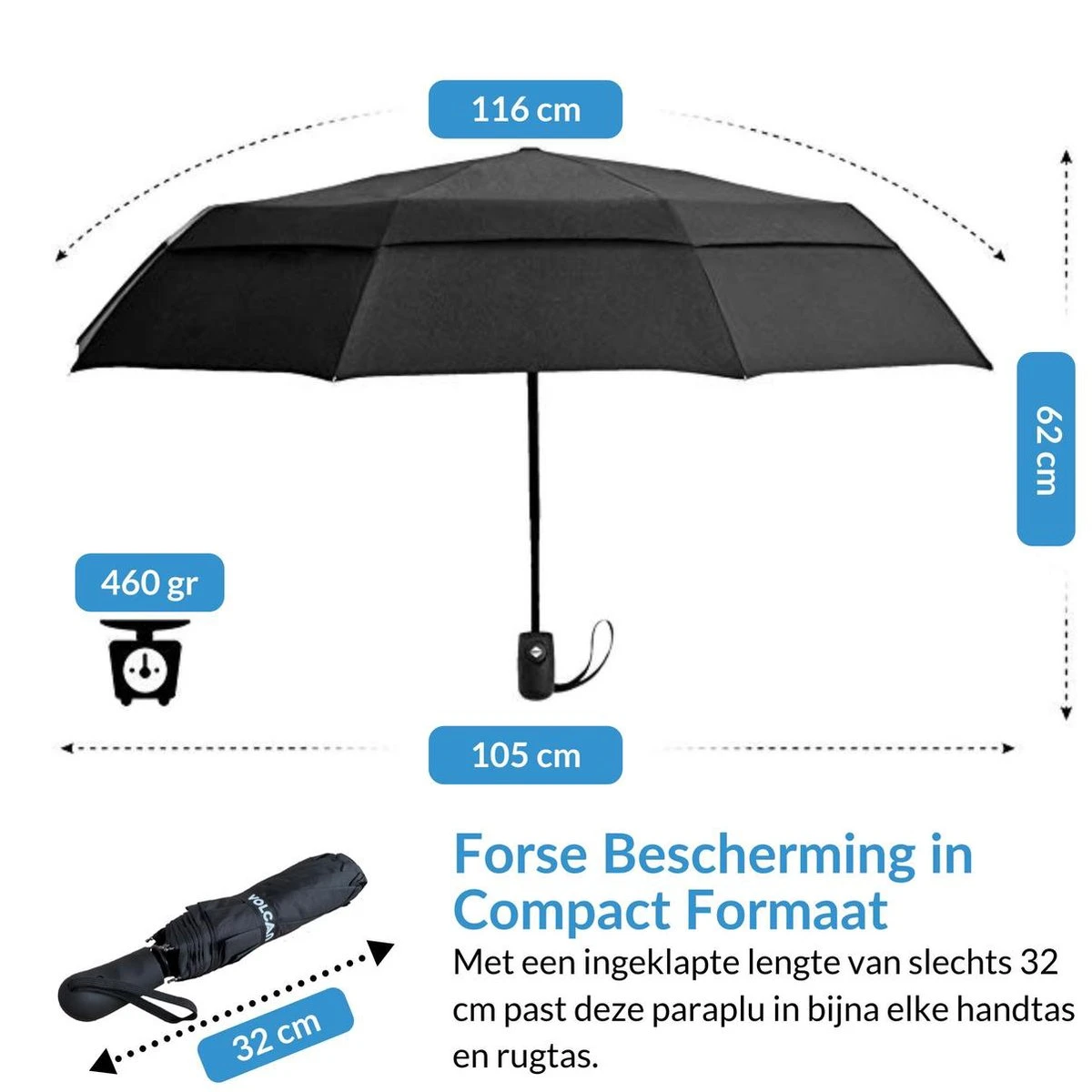 Volcan Stormparaplu Opvouwbaar - Stormparaplu's - Inklapbaar - Ø 105 Cm - Windproof Tot 100km P/u - Grote Paraplu - Automatisch - Zwart 6 Volcan Stormparaplu Opvouwbaar - Stormparaplu's - Inklapbaar - Ø 105 Cm - Windproof Tot 100km P/u - Grote Paraplu - Automatisch - Zwart - Afbeelding 4