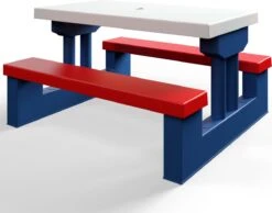 Merkloos Kinder Picknicktafel Met Parasol - Blauw -Buitenkampeeruitrusting 1200x944