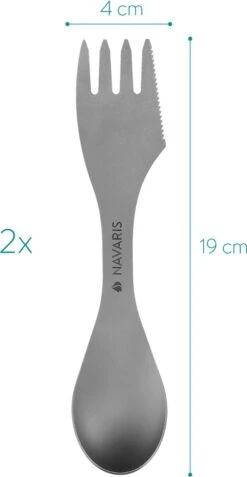 Navaris 2x Spork Titanium Campingbestek - Vork, Mes En Lepel In één - Bestek Voor Onderweg En Op Reis - Lichtgewicht - Inclusief Bewaarzakje -Buitenkampeeruitrusting 621x1200