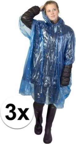 Merkloos 3x Wegwerp Regenponcho Blauw - Poncho -Buitenkampeeruitrusting 632x1200